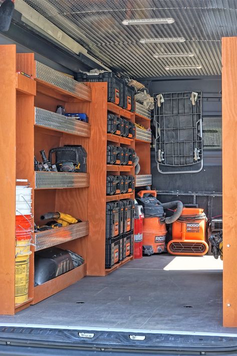 Sprinter Van Tool Storage Ideas, Contractor Van Organization, Van Shelves, Van Storage Ideas Tools, Work Van Organization Ideas, Trailer Shelving, Work Truck Organization, Work Truck Storage, Ridgid Tools