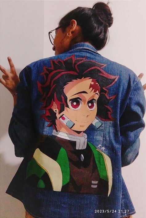 Hand painted Anime charector on denim jacket 🧥 Anime Jacket, Kamado Tanjiro, Drawing Techniques, Acrylic Colors, Paint Brushes, Japanese Art, Demon Slayer, Anime Drawings, Denim Jacket