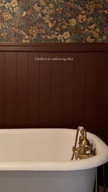 Dark Burgundy Bathroom, Bold Half Bath, Sherwin Williams Dark Clove, Dark Auburn Sherwin Williams, Dark Paint Bathroom, Hushed Auburn Sherwin Williams, Burgundy Bathroom Ideas, Moody Vintage Bathroom, Dark Academia Bathroom