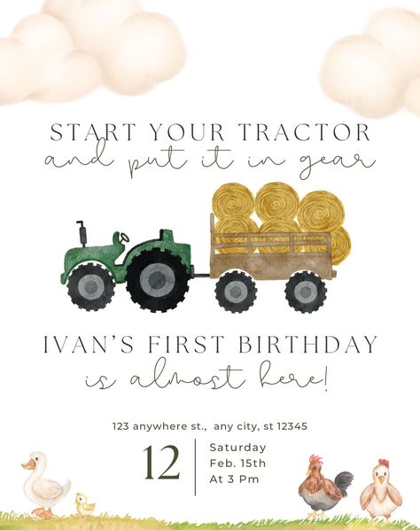 Start Your Tractor Birthday Evite! #Vfccreativedesigns #DigitalInvitations #InvitationDesign #Cutedesigns #Partyevites #birthdayevites #babyshowerevites #weddingevites #bridalshower #partyevites John Deere Birthday Party, Tractor Birthday Party, Fedex Office, Farm Birthday Invitation, Birthday Evite, Baby Birthday Themes, Boy Birthday Party Themes, Tractor Birthday, Baby Boy First Birthday