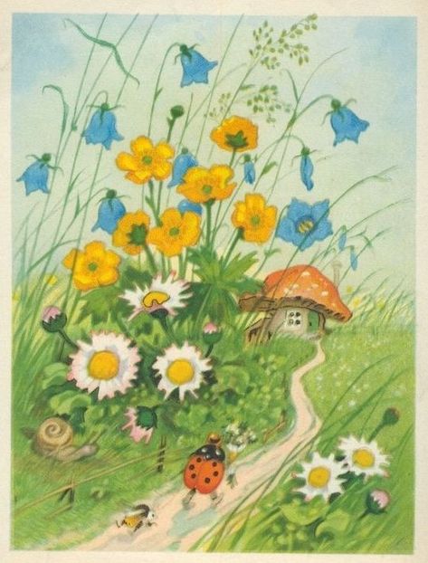 Flower Bed Drawing, Fritz Baumgarten, Bed Drawing, Holding Pen, Poppy Garden, Ladybug Art, Art Elements, Vintage Illustrations, Insect Art