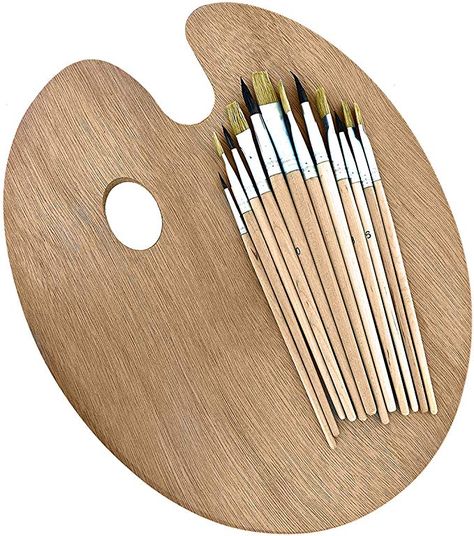 Wood Palette with 12 Piece Wooden Brush Set by Kurtzy - Painting Brush Set and Oval Wooden Palette Suitable for Use with Acrylic Paint - Perfect Art and Craft Kit for Amateur Projects: Amazon.co.uk: Kitchen & Home Wood Palette, Paint Pallet, Painting Materials, Paint Brush Set, Wooden Brush, Painters Palette, Painting Brush, Watercolor On Wood, Wood Model