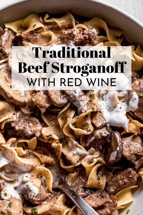 Traditional Beef Stroganoff features beef cubes slowly cooked in a rich gravy spiked with brandy and wine, and given a healthy dose of sour cream. Served over buttered noodles it's the ultimate comfort food dish. // stroganoff recipe // easy Authentic Beef Stroganoff Recipe, Stroganoff Recipe Easy, Classic Beef Stroganoff Recipe, Traditional Beef Stroganoff, Homemade Beef Stroganoff, Beef Cubes, Best Beef Stroganoff, Beef Stroganoff Crockpot, Beef Stroganoff Recipe