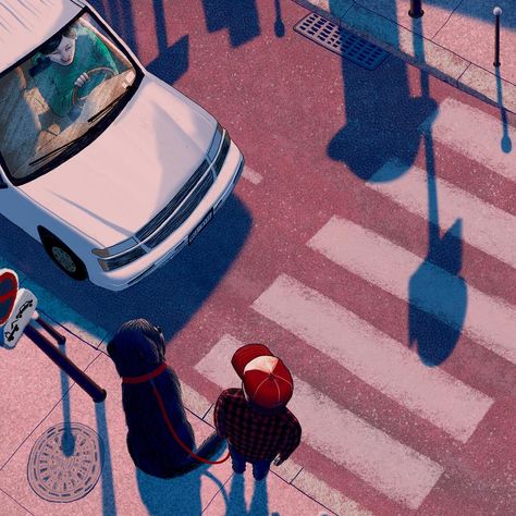 The Key to Crossing the Street Safely: Eye Contact - WSJ Journal Illustrations, Street Illustration, Crossing The Street, Pedestrian Crossing, Cycling City, Keys Art, Visual Development, Eye Contact, Wall Street Journal