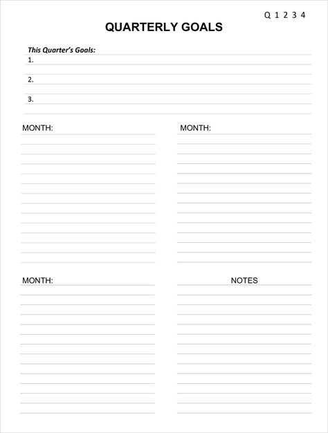 Do you setup quarterly goals for yourself or your business? Let our Quarterly Goals sheet help you out with that.  The sheet allows you to pick which quarter you are working on, 3 main goals for that quarter, with 3 monthly layout to plan it out, and then an area for notes. PDF FOR THESE SIZES: Classic Sheet (7.125 x 9.25in) --Left and Right Binding Pages included for each item Quarter Goals Template, Quarterly Vision Board, Quarterly Goals Free Printable, Quarterly Planning Template, Quarter Planning, Quarter Goals, Event Organizer Planners, Quarterly Planning, Diy Prayer Journal