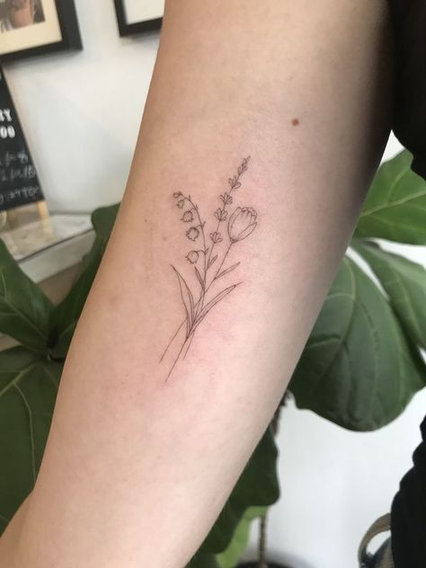 Small Arm Flower Tattoo, Lily And Tulip Tattoo, Fineline Tulip Tattoo, Small Wildflower Tattoo Simple, Lily Of The Valley Tattoo Minimalist, Tulip Bouquet Tattoo, 2 Flower Tattoo, Dainty Wildflower Tattoo, Dainty Floral Tattoo