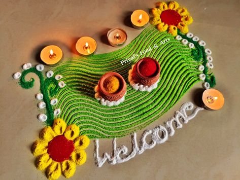 Haldi Kumkum Rangoli, Welcome Rangoli, Haldi Kumkum, Rangoli Easy, Festival Rangoli, Special Rangoli, Rangoli Design, Simple Rangoli, Rangoli Designs