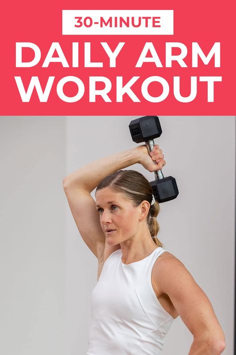 Build a strong, toned upper body with my favorite dumbbell arm exercises. An at home workout that targets the shoulders, back, chest, biceps and triceps. Each circuit includes a strength exercise, a power exercise and an isometric hold. Burn out the entire upper body at home using a set of dumbbells. Fast Arm Workout, Arm And Shoulder Workout Women, Tone Arms In 2 Weeks, Toning Arm Workouts, Upper Body Dumbbell Workout For Women, Arm Day Workout At Home, Free Weight Arm Workout, Nml Workouts, Daily Arm Workout