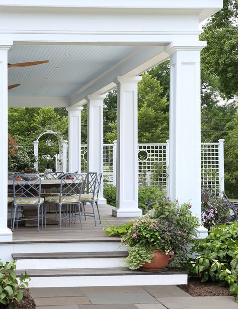 Square tapered columns match the existing stately main columns at the front entrance complete with Tuscan caps and bases. Columns On Front Porch, Stone Wall Exterior, Diy Faux Stone Wall, Pillars Design, Front Porch Pillars, Porch Pillars, House Columns, Exterior Columns, Front Porch Columns