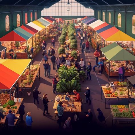 marketplace, indoor, fruits and vegetables Farmers Market Architecture Design, Sims 4 Market Place, Urban Market Architecture, Outside Market, Market Place Design Architecture, Market Place Architecture, Street Market Architecture, Street Market Design, Food Market Architecture