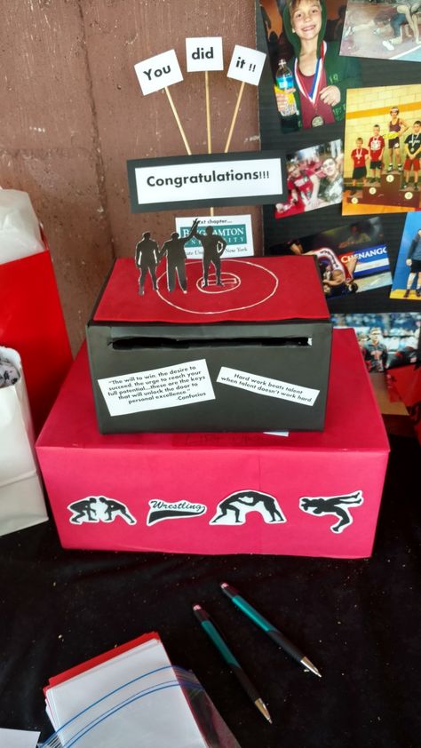 Wrestling card box Graduation Graduation Party Ideas For Wrestler, High School Wrestling Banquet Ideas, Wrestling Graduation Cap Ideas, Wrestling Valentine Boxes, Wrestling Graduation Party Ideas, Senior Wrestling Gifts, Wrestling Senior Night Ideas Poster, Wrestling Banquet Ideas, Card Box Graduation