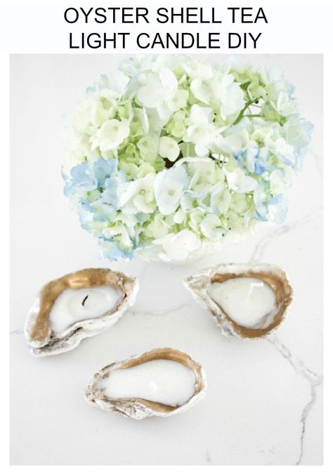 How To Create A Oyster Shell Tea Light Candle Beach Table Centerpieces, Oyster Shell Candle, Oyster Shell Candle Holder, Oyster Shells Diy, Coastal Diy, Shell Candle Holder, Shell Diy, Diy Nature, Driftwood Diy