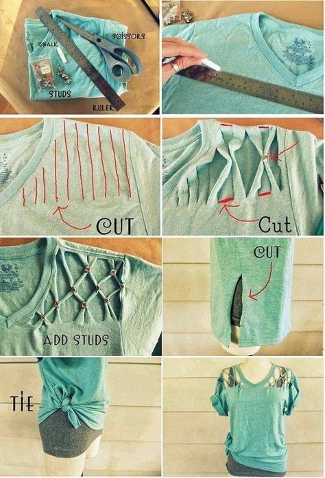 Shirt Alterations, Cut Shirt Designs, Diy Cut Shirts, Shirt Makeover, T Shirt Hacks, Shirt Hacks, Diy Vetement, Clothing Diy, Diy Fashion Clothing