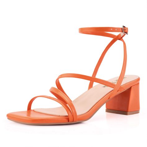 Homecoming Shoes, Orange Heels, Vegas Elopement, Dressy Sandals, Colorful Heels, Ankle Strap Sandals Heels, Short Heels, Heels For Women, Chunky Sandals