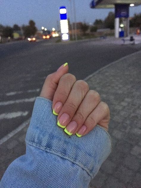 Colored Powder Nails Acrylic, Neon French Tip Nails Square, Neon Square Nails, Neon Tip Nails, Color Tip Nails, Color Nail Tips, Neon Tips, Nail Swag, Summer Acrylic Nails