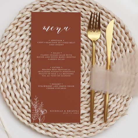 $2.70 | Modern Boho Floral Terracotta Burnt Orange Wedding #food course meal, wedding dinner menu, classic fancy script typography, burnt orange, simple minimalist, modern elegant, fall wedding, earthy tones rustic bloom, boho bohemian, rust terracotta floral fall Classic Ceasar Salad, Fall Wedding Aisle, Dinner Menu Wedding, Minimalist Boho Wedding, Cream Cheese Cupcakes, Earth Tone Wedding, Burnt Orange Wedding, Stars Wedding, Burnt Orange Weddings