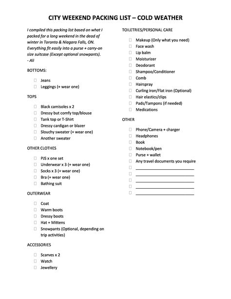 Nyc Checklist Packing Lists, Packing List Long Weekend, 3 Day 2 Night Packing List, What To Pack For Cold Weather Travel, 3 Day City Trip Packing, What To Pack For A Weekend Trip Winter, Cold Weather Travel Packing, Weekend Winter Packing List, 3 Day Packing List Fall