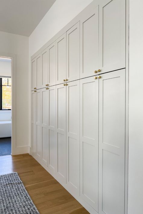 Built In Cabinets Ikea Hack, Ikea Cabinet Closet, How To Make Built In Wardrobes, Ikea Hack Built In Storage, Wall Storage Cabinets Built Ins, Full Wall Closet Ideas, Built In Narrow Cabinets, Ikea Pax Wardrobe Mudroom, Pax Living Room Built Ins