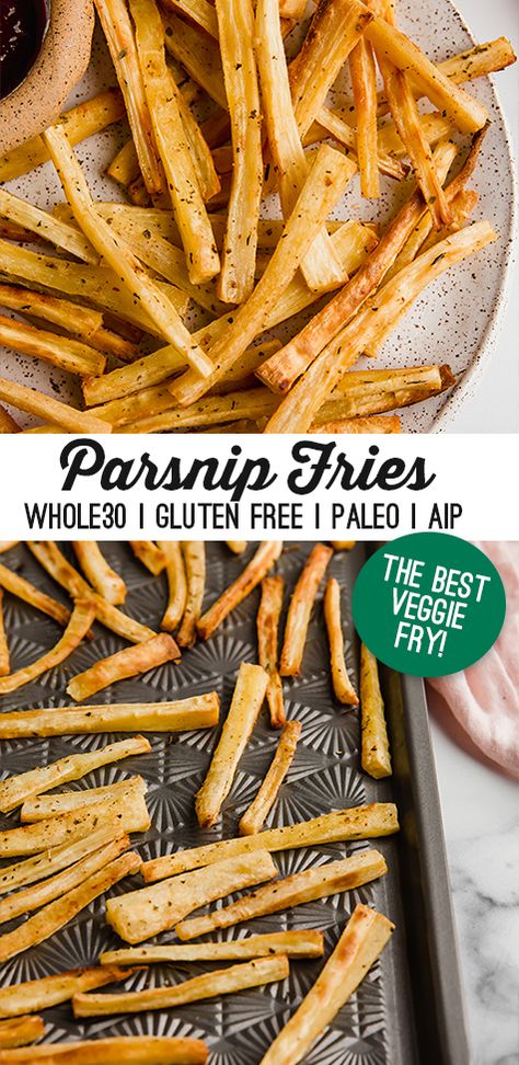 Easy Baked Paleo Parsnip Fires (Autoimmune Protocol) Nutrivore Recipes, Healthier Sides, Inflammatory Meals, Aip Diet Recipes, Nightshade Free Recipes, Parsnip Recipes, Parsnip Fries, Unbound Wellness, Japanese Ginger