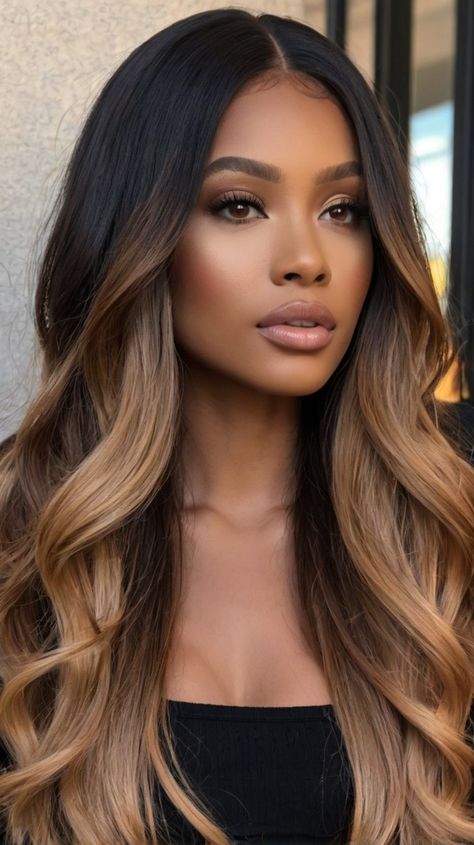 Beautiful Honey Balayage Curls for Glamorous Light Skin Women 💫 Chocolate Blonde Hair Balayage, Golden Blonde Balayage On Black Hair, Theresa Guidice Hair, Blonde Highlights Sew In Weave, Wavy Ombre Hair, Black Women Ombre Hair, Black Hair Balayage Black Women, Blonde Balayage On African American Hair, Balayage Silk Press