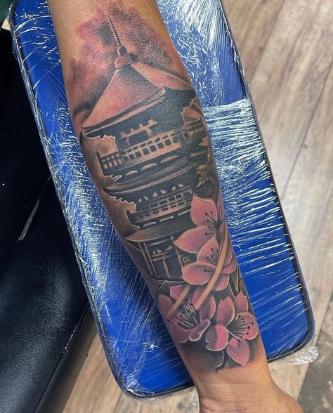 Water Sleeve Tattoo Women, Chinese Tower Tattoo, Baddie Tats Arm Sleeve, Female Leg Sleeve Tattoo, Sleeve Tattoos Black Women, Cherry Blossom Tattoo Sleeve, Quarter Sleeve Tattoos For Women, Japenses Tatoos Design, Vietnamese Tattoo