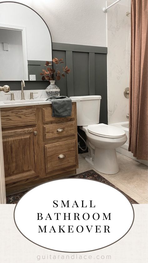 small bathroom makeover ideas Builder Grade Guest Bathroom Makeover, Builder Grade Shower Update, Update 90s Bathroom, Builder Bathroom Makeover, 90s Oak Cabinets, Builder Grade Updates Bathroom, Green And Marble Bathroom, Small Full Bathroom Ideas Color, Dated Bathroom Makeover