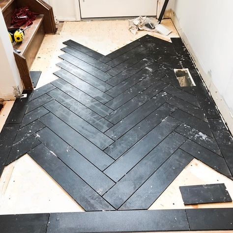 Black Herringbone Tile Bathroom, Black Herringbone Tile Floor, Chevron Tiles Floor, Herringbone Vinyl Floor, Chevron Pattern Floor, Black Herringbone Tile, Herringbone Tile Bathroom, Small Sunroom, Herringbone Tile Floors