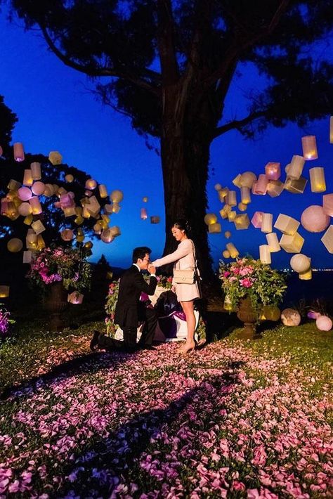 27 Unique Proposal Ideas For Unforgettable Pop The Question | Oh So Perfect Proposal Tangled Theme Proposal, Proposal Ideas Tangled, Disney Themed Proposal Ideas, Cute Private Proposal, Pink Proposal Ideas, Diy Proposal Ideas Marry Me, Tangled Proposal Ideas, Proposal Ideas Daytime, Flower Garden Proposal