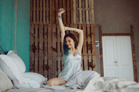 Stretching In Bed, Peaceful Person, Bed Stretches, Woman Stretching, Show Me Your Love, Face Female, Bedroom Book, Beautiful Bed, Romantic Room