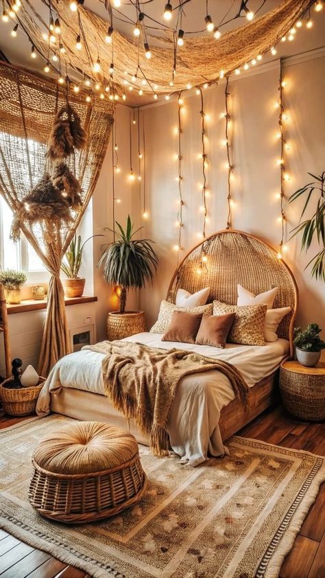 Cozy Lights Bedroom, Cute Boho Rooms, Cottagecore Bedroom Makeover, Dream Catcher Room Ideas Bedrooms, Cozy Boho Bedroom Inspiration, Scandi Boho Bedroom, Hobo Room, Tiny Boho Bedroom, Desi Bedroom