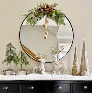 Christmas Entryway Table Decor With Mirror, Simple Entryway Christmas Decor, Christmas Decoration Console Table, Christmas Decor On Console Table, Christmas Decor On Entry Table, Christmas Decorations Console Table, Christmas Garland Over Round Mirror, Xmas Console Table Decor, Christmas Decor On Buffet Table