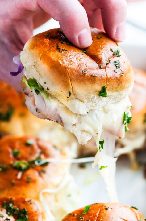 One Pan Turkey Swiss Cheese Melt Sliders | aberdeenskitchen.com Turkey Melt Sandwich Recipes, Sheet Pan Sandwiches, Thanksgiving Bites, Slider Ideas, Easy Slider Recipes, Cheese Melt, Slider Sandwiches, Appetizer Sandwiches, Turkey Cheese