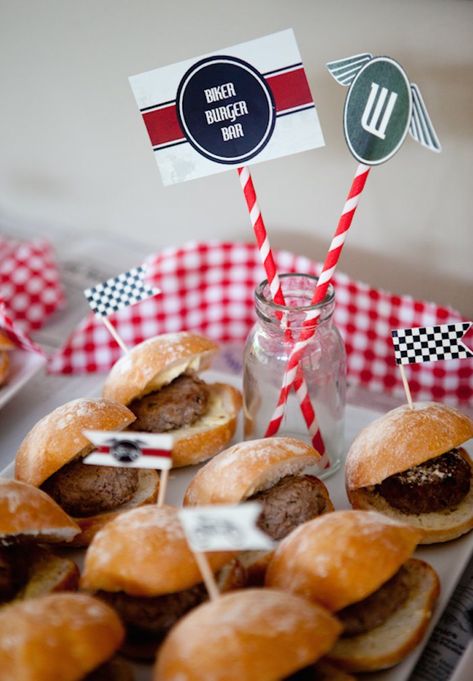 Vintage Motorcycle themed birthday party with So Many Cute Ideas via Kara's Party Ideas | Cake, decor, cupcakes, desserts, favors, games, and MORE! Motorcycle Themed Birthday Party, Bike Party Ideas, Dirtbike Birthday Party, Motocross Birthday Party, Motorcycle Birthday Parties, Motocross Birthday, Bike Birthday Party, Vintage Car Party, Bike Birthday Parties