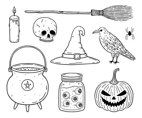 Lantern Jar, Easy Halloween Drawings, Cute Halloween Drawings, Witch's Cauldron, Creepy Pumpkin, Halloween Elements, Pumpkin Lantern, Hand Doodles, Halloween Pumpkins Painted