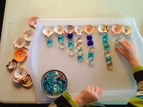 Montessori math with shells Sharing A Shell, Montessori Math Activities, Salish Sea, Ocean Unit, Maths Games, Material Ideas, Montessori Math, Montessori Preschool, Montessori Ideas