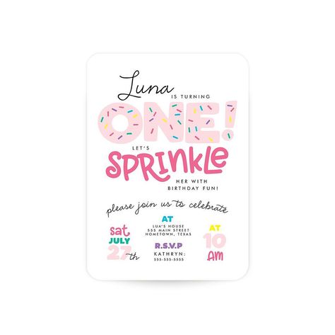 Audrey Madill on Instagram: “I had so much fun with this #sprinkles theme for a custom order last week! This invite along with several coordinating items will be added…” Sprinkle Birthday, Welcome Sign Birthday, Invitation First Birthday, First Birthday Invite, May 1st, Girl First Birthday, Printed Invitations, Birthday Invite, Birthday Fun