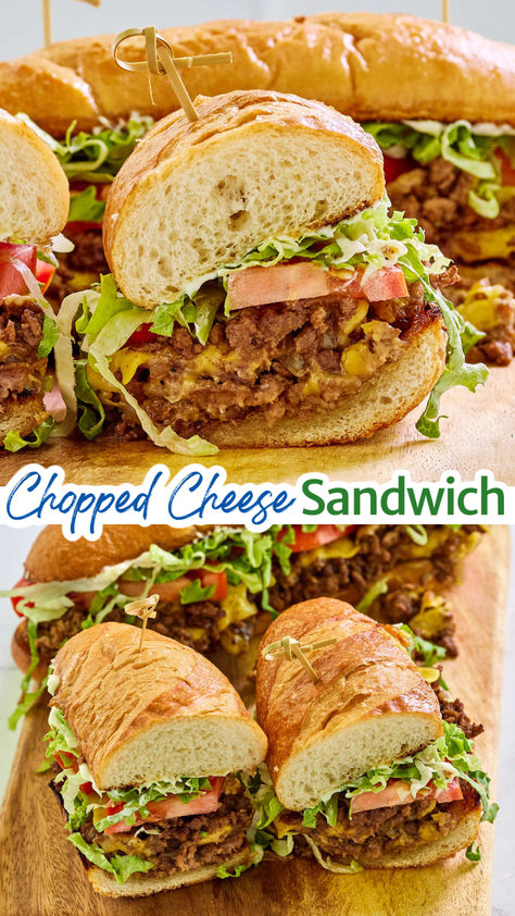 If you are looking for a quick, tasty dinner option that gives you a taste of a New York City bodega, the chopped cheese sandwich is just the thing. This recipe is super simple to put together and the whole family is going to love these cheesy sandwiches. Chopped Burger Sandwich, New York Chopped Cheese Sandwich, New York Deli Sandwiches, Chopped Cheese Sandwich New York Recipe, Sammies Sandwiches, Cheesy Sandwiches, Chopped Sandwich, Chopped Cheese Sandwich, Cold Sandwich Recipes