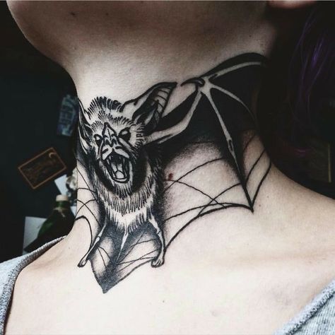 Bat tattoo Bat Throat Tattoos Women, Neck Bat Tattoo, Bat Tattoo On Neck, Unique Throat Tattoos, Bat Throat Tattoo, Bat Tattoo Neck, Throat Tattoo Designs, Web Neck Tattoo, Tattoo Neck Woman