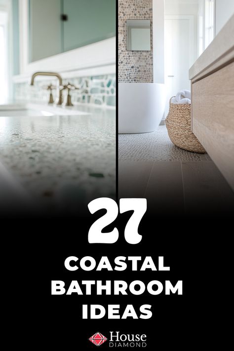 27 Coastal Bathroom Ideas Bathroom With Wood And Marble, Seaglass Bathroom Ideas, Coastal Shower Ideas, Sea Glass Tile Bathroom, Trending Bathroom Ideas 2024, Beachy Bathroom Coastal Style, Bathroom Coastal Style, Coastal Bathroom Remodel, Pool Bathroom Ideas