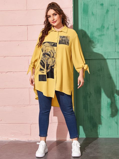 Yellow Casual  Three Quarter Length Sleeve Polyester Slogan Tunic  Non-Stretch Spring Plus Size Tops