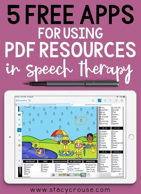 Are you an SLP that wants to save the hassle of printing every single activity for your speech therapy students? Try one of these FREE PDF reader apps on your iPad to not only eliminate the headache of printing, but also give your students an activity engages them with tons of interactive features such as shapes, lines, stamps, text, and highlighter! Speech Therapy Organization, Speech Therapy Free, Speech Therapy Apps, Slp Resources, Speech Therapy Materials, Speech Therapy Resources, Therapy Resources, Speech Pathology, Speech Language Therapy