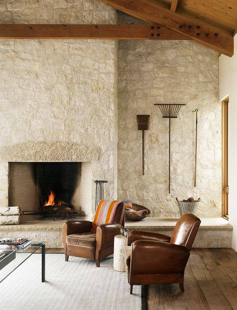 interiors, interior design, home decor, decorating ideas, living room inspiration, ranch, rustic Natural Stone Fireplaces, Hill Country Homes, Limestone Wall, Ranch Style Homes, Ranch Style Home, Home Fireplace, Texas Hill Country, Country House Decor, Fireplace Design