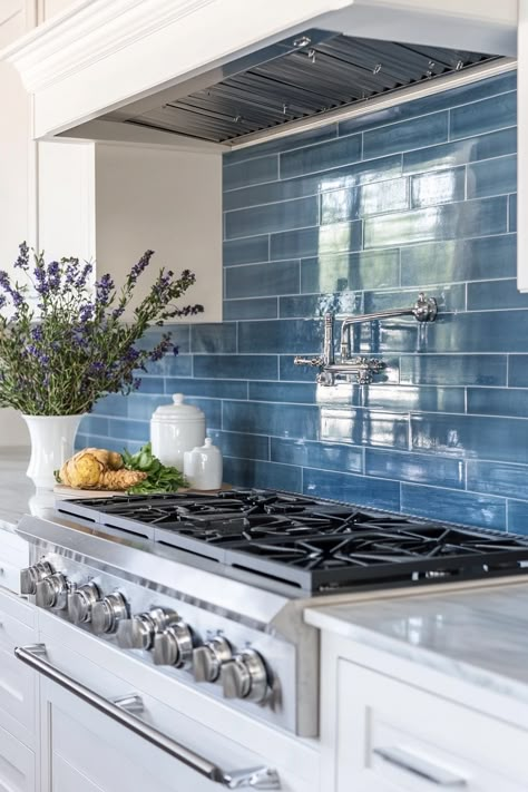 40+ Blue and White Kitchen Designs: Coastal Charm Meets Modern Elegance - TastyInteriors Kitchen Interior Blue And White, White And Blue Farmhouse Kitchen, Small Blue And White Kitchen, Timeless Blue Kitchen, Blue Tile Kitchen Backsplash, Costal Kitchen Aesthetic, Blue Kitchen White Cabinets, Blue Backsplash With White Cabinets, White And Blue Interior Design