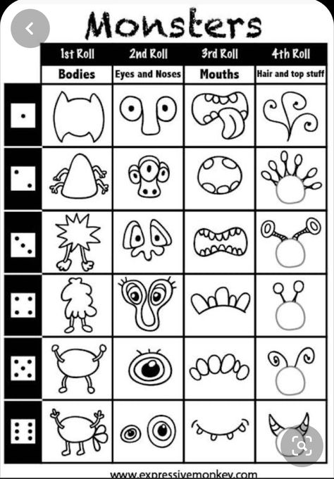 Roll A Monster, Dice Drawing, Roll And Draw, Drawing Games For Kids, Draw And Paint, Art Games, Drawing Games, Dice Games, Math Center