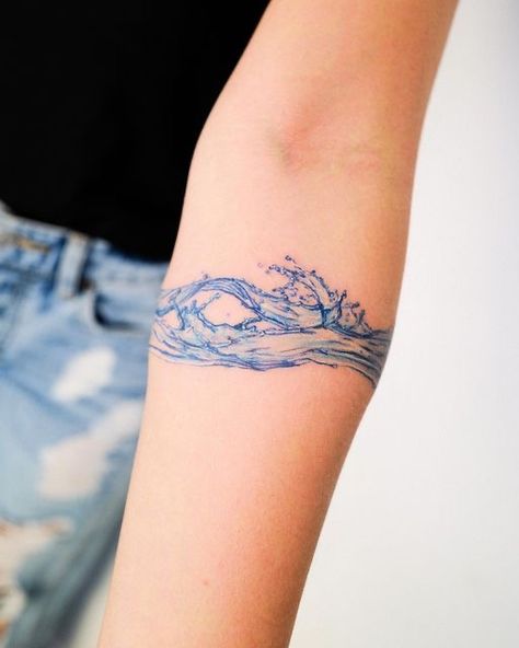 Tattoo Of Water, Forearm Water Tattoo, Water Arm Band Tattoo, Water Wrist Tattoo, Wave Cuff Tattoo, Color Wave Tattoo, Fire Arm Band Tattoo, Wave Tattoo Arm Band, Water Arm Tattoo