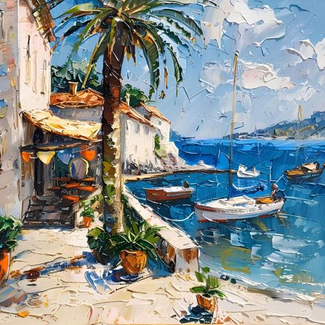 «Mallorcatherapy» - Avanesova Elena AVA Paintings Scenery, Spain Painting, Summer Dining Room, Mallorca Aesthetic, Mediterranean Art, Nature Paper, Dynamic Painting, Acrylic Painting Inspiration, Interior Paintings