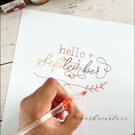 🍂Hello September! 🍂  Glass pen lettering. Modern calligraphy flourishes Fall inspired colors handlettering Calligraphy Flourishes, Pen Lettering, Glass Pen, Hello September, Pen Name, Modern Calligraphy, Autumn Inspiration, Hand Lettering, Calligraphy