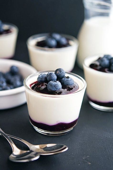 Greek Yogurt Panna Cotta with Blueberry Sauce Yogurt Panna Cotta, Yogurt Dessert, Panna Cotta Recipe, Lactose Free Recipes, November 01, Blueberry Sauce, Cold Desserts, Homemade Whipped Cream, Fodmap Recipes