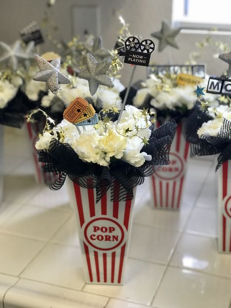 Popcorn Hollywood theme centerpiece Hollywood Red Carpet Centerpiece, Hollywood Themed Christmas Party, Movie Theme Centerpiece Ideas, Hollywood Prom Centerpieces, Movie Night Centerpiece Ideas, Hollywood Glam Centerpieces, Hollywood Table Centerpieces, Hollywood Themed Centerpieces, Hollywood Centerpieces Diy