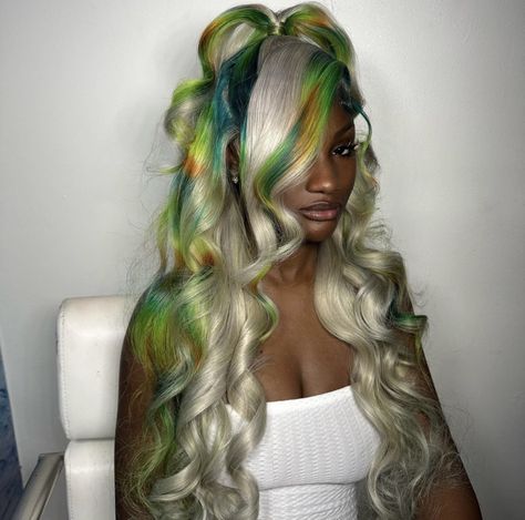 Blonde Wig With Green Highlights, Blue And Green Highlights In Black Hair, Multi Colored Wigs, Mommy Hairstyles, Lace Wigs Styles, High Fashion Hair, Green Wig, Creative Hair Color, Cute Braided Hairstyles